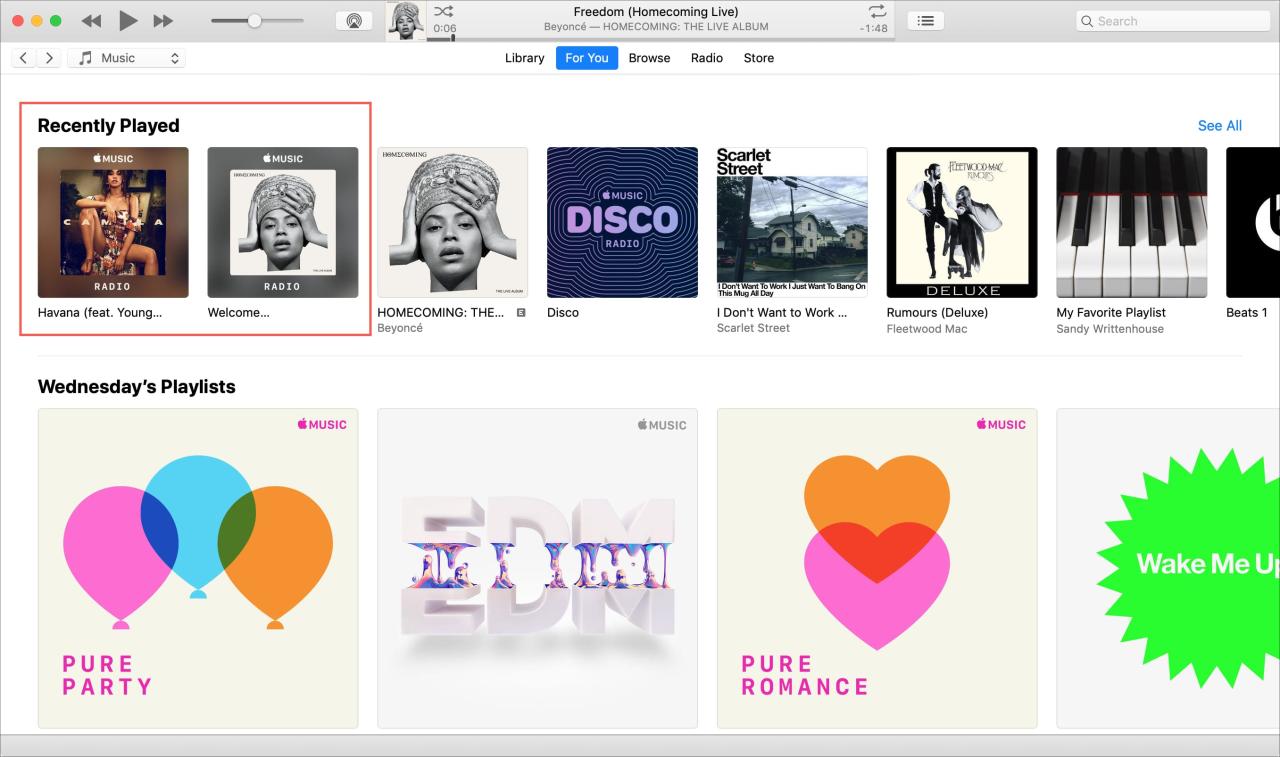 Estaciones creadas reproducidas recientemente iTunes Mac