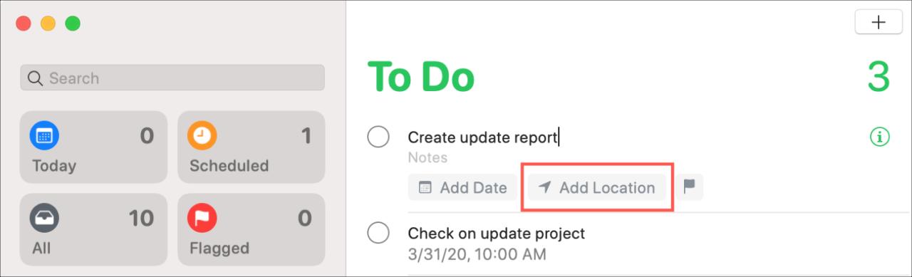 Recordatorios Notificación de ubicación rápida Mac