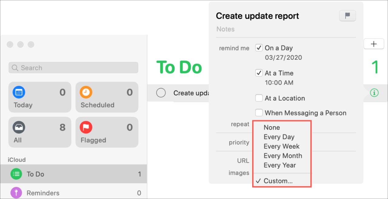 Recordatorios Notificación de repetición rápida Mac