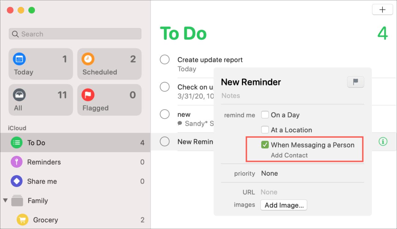 Recordatorios al enviar mensajes Notificación Mac