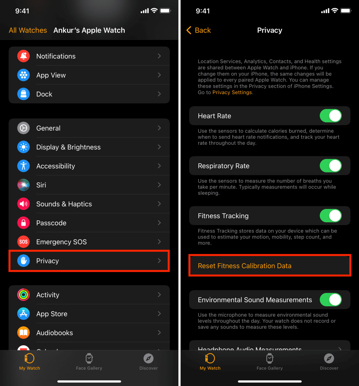 Restablecer datos de calibración de fitness para Apple Watch