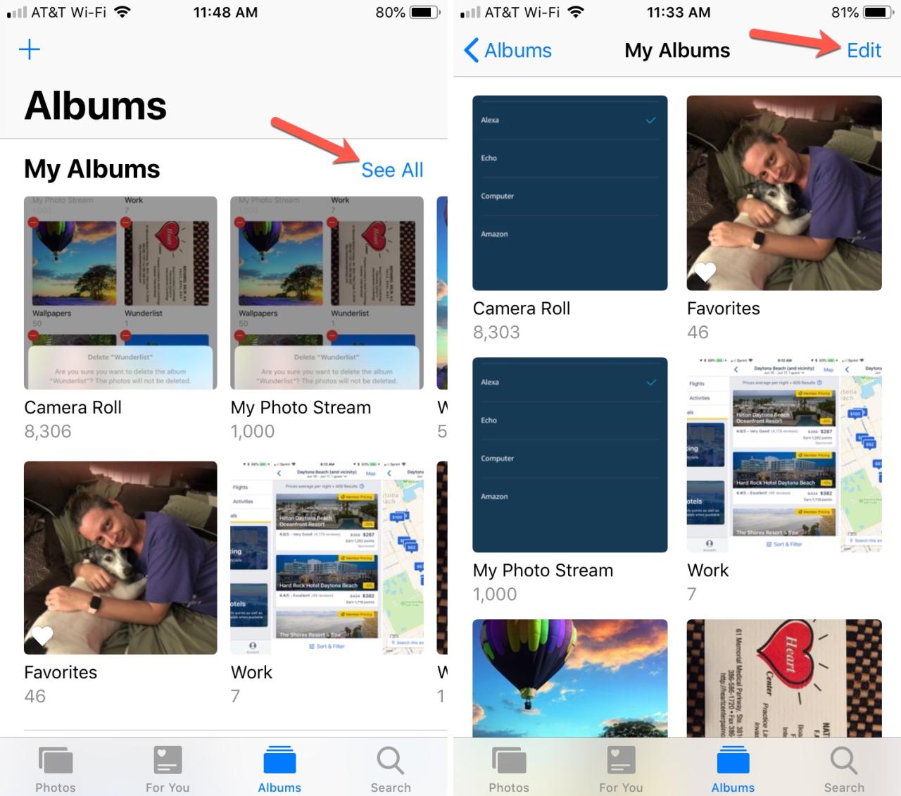 Vea Todos los álbumes y toque Editar para eliminarlo en iPhone