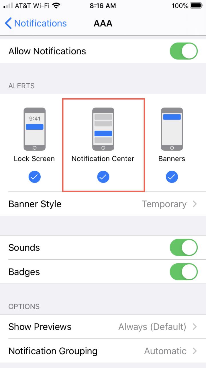 Configuración Centro de notificaciones para la aplicación iPhone