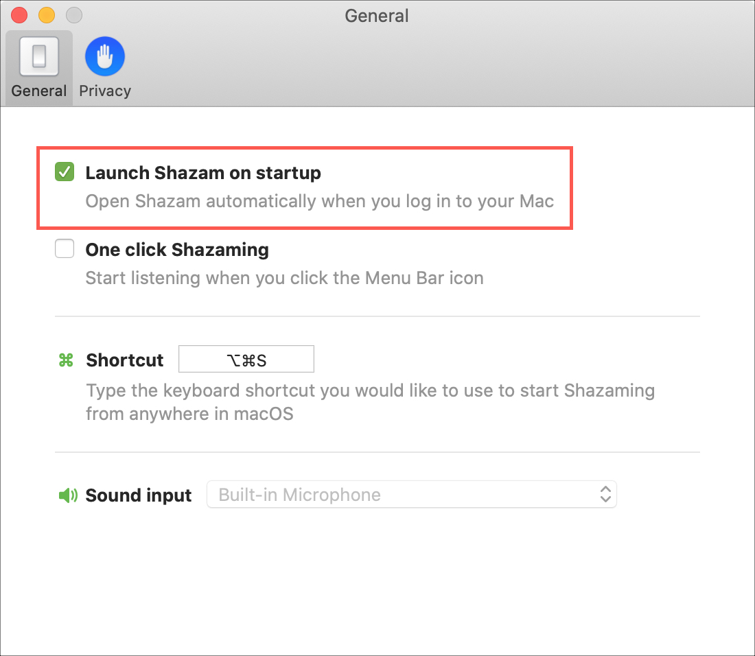 Shazam en el inicio en Mac