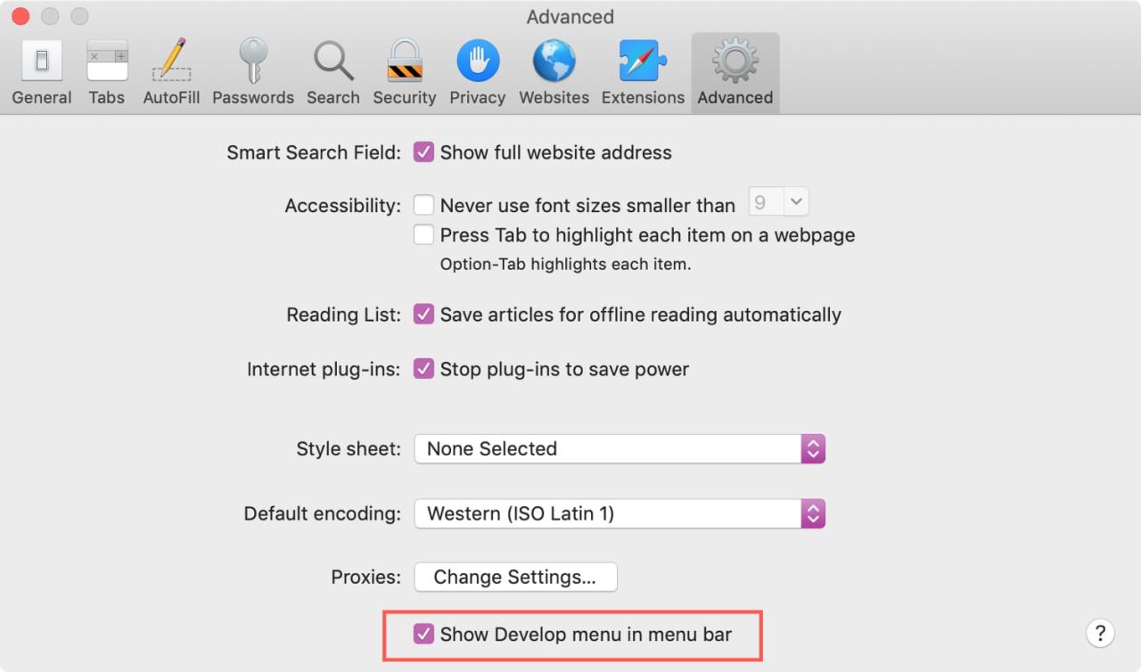 Mostrar el menú Desarrollar en Safari en Mac