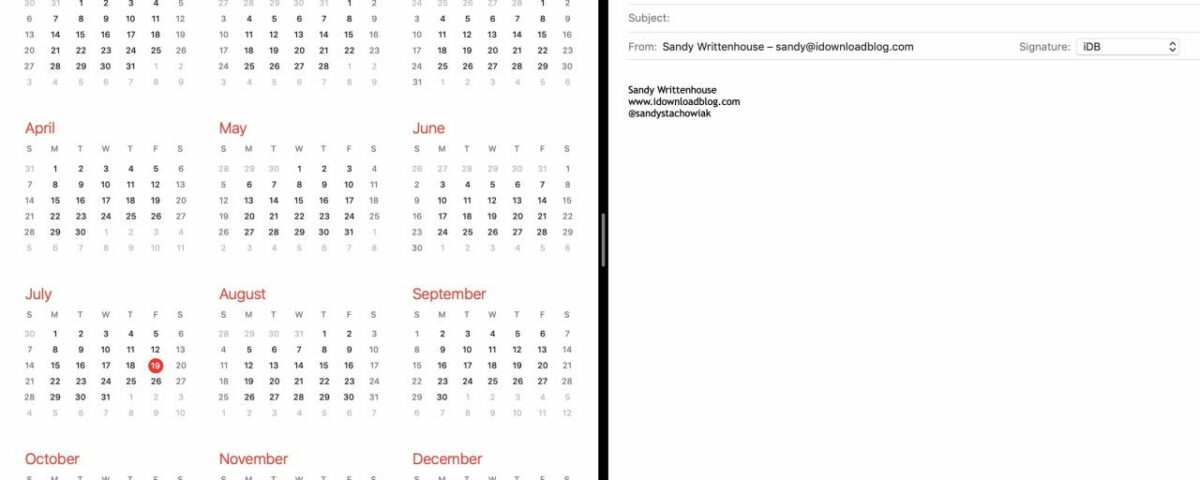 Vista dividida del calendario de correo electrónico de Mac