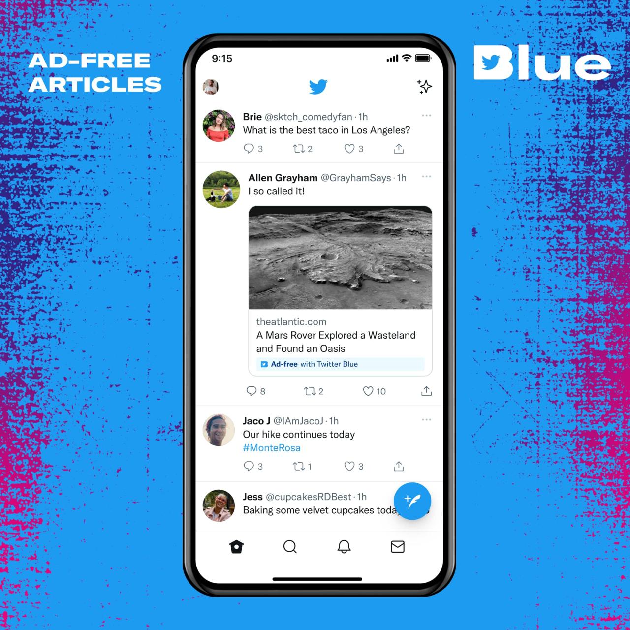 Gráfico promocional para la lectura sin publicidad de artículos en sitios web participantes disponibles con la suscripción a Twitter Blue en iPhone