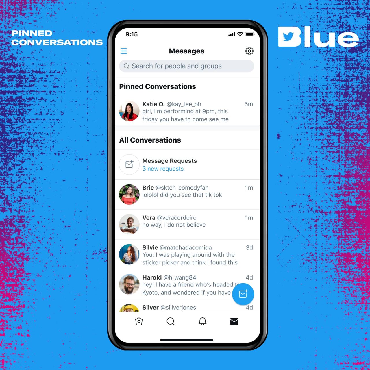 Gráfico promocional de la función Conversaciones ancladas disponible con la suscripción a Twitter Blue en el iPhone
