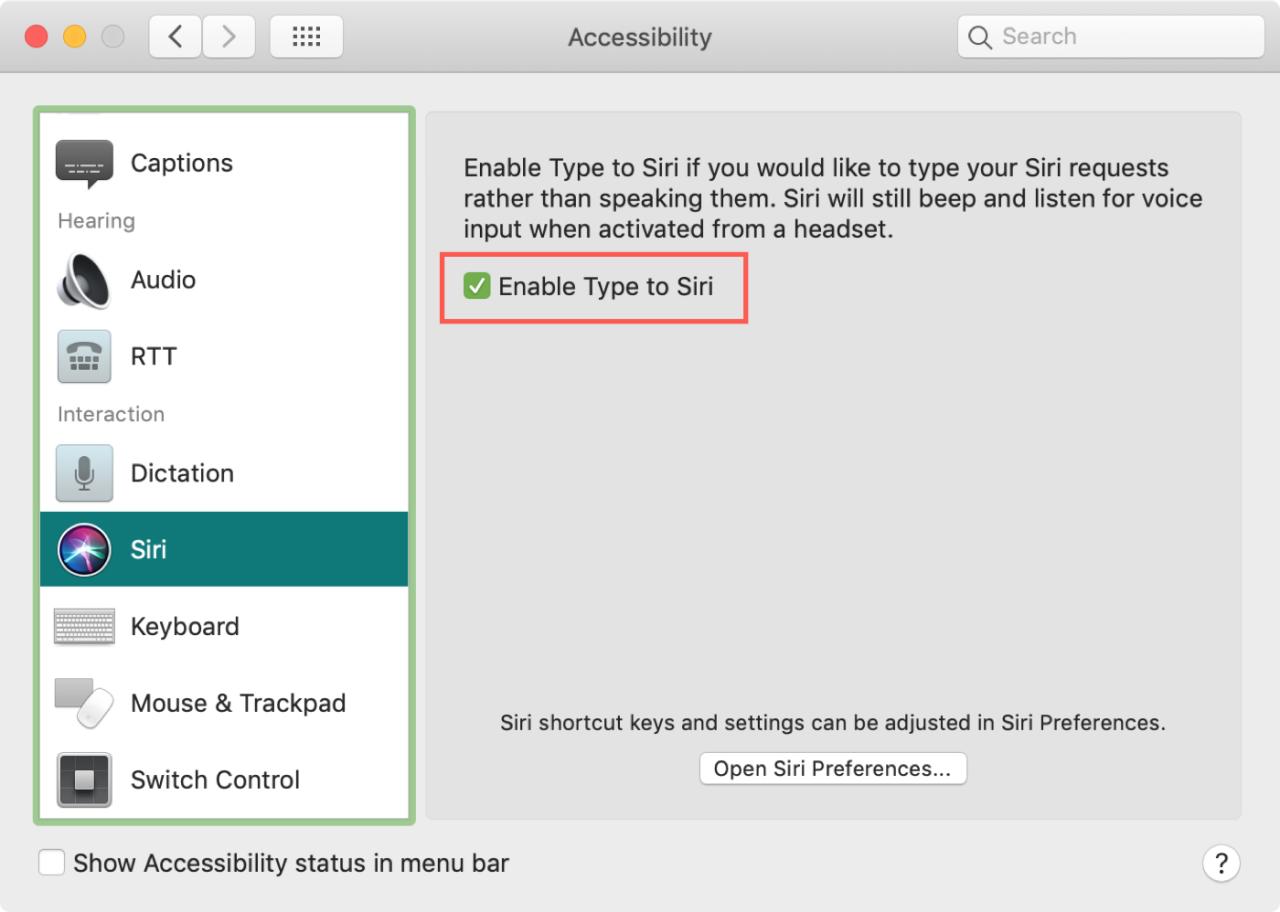 Escribe en Preferencias de Siri Mac