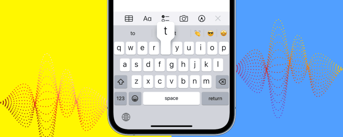 Un teclado de iPhone mientras se escribe con patrón de vibraciones en el fondo