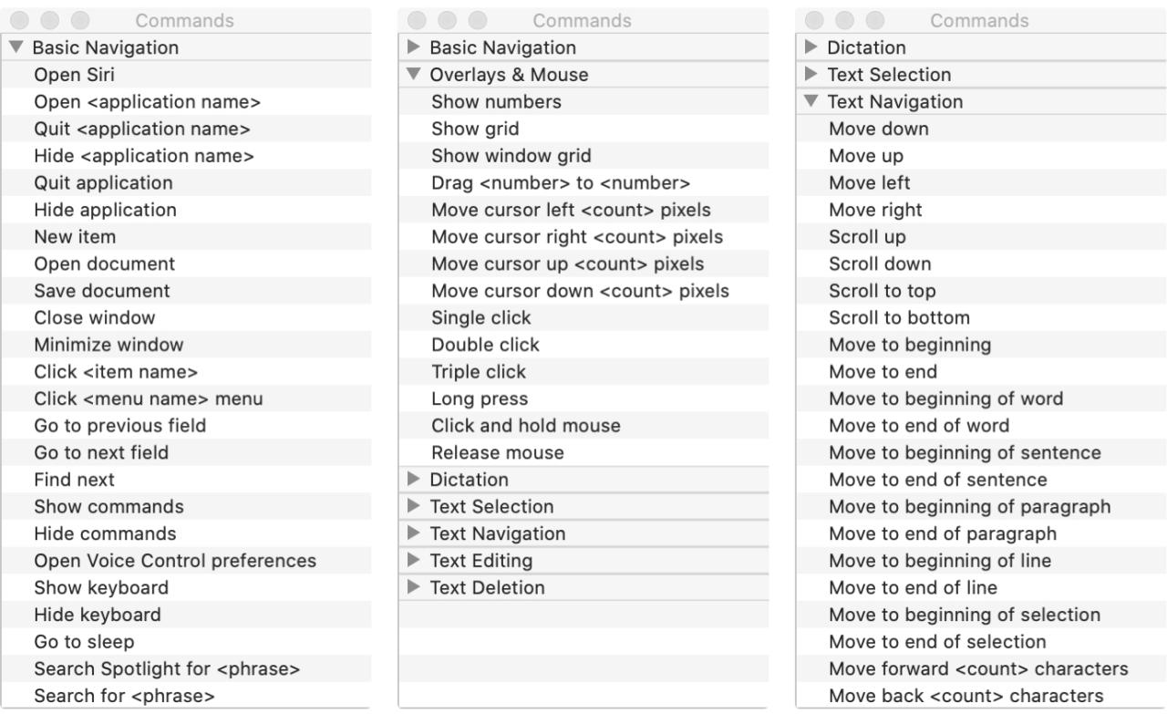 Lista de comandos de control de voz Mac