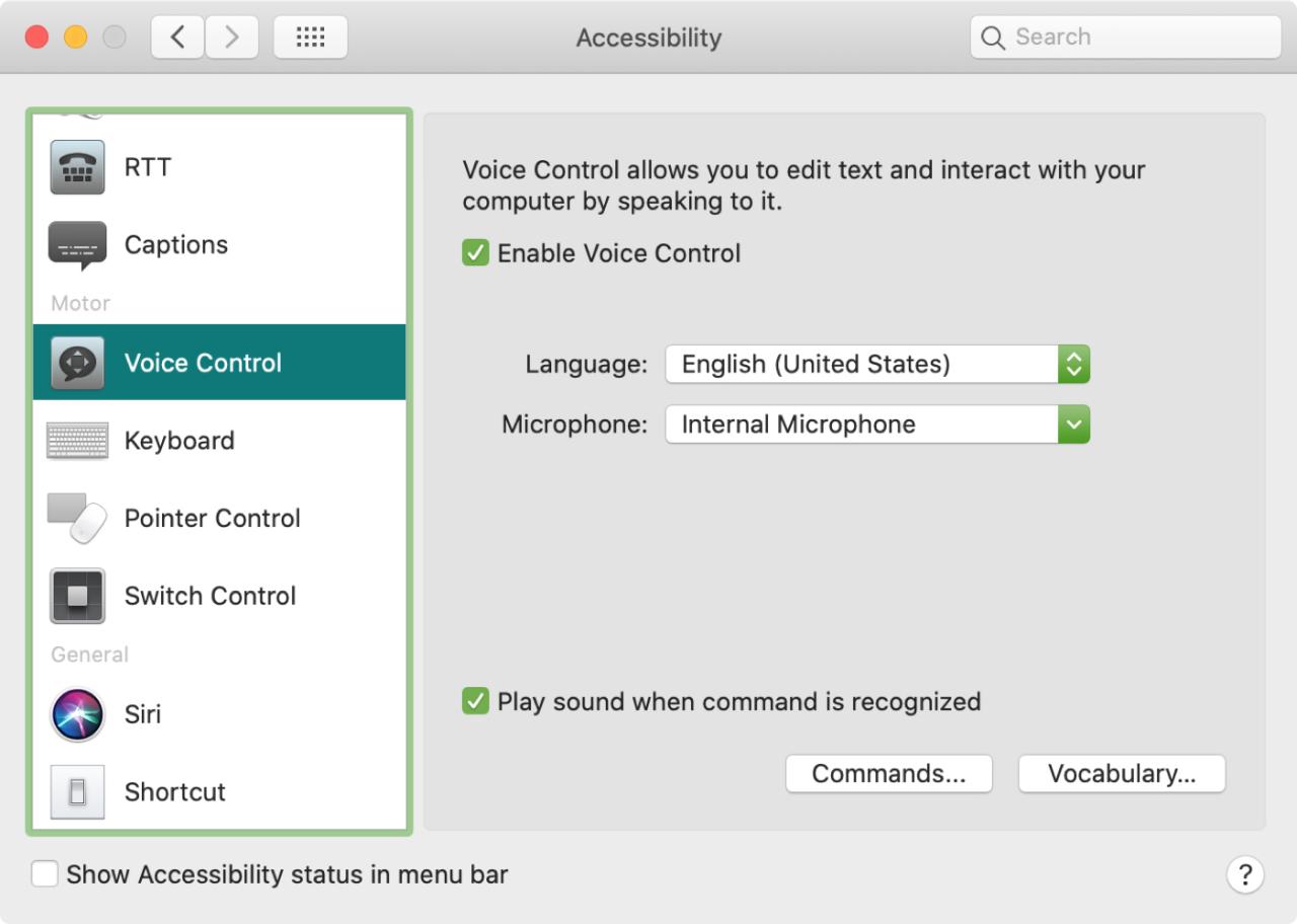 Preferencias de control de voz Vocabulario de comandos de Mac