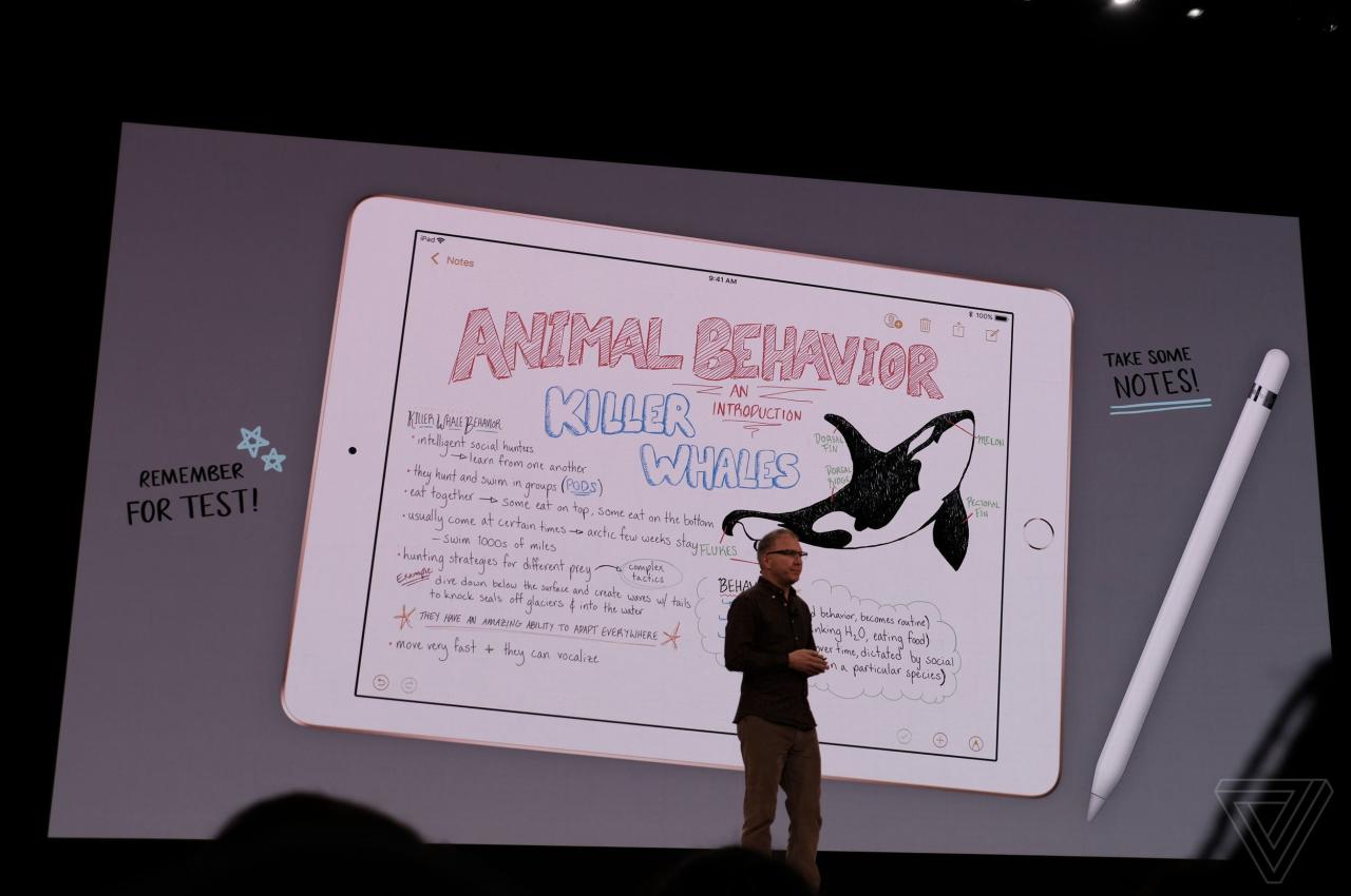 Una diapositiva del evento de Apple de 2018 con Tim Cook anunciando un nuevo iPad económico compatible con Apple Pencil