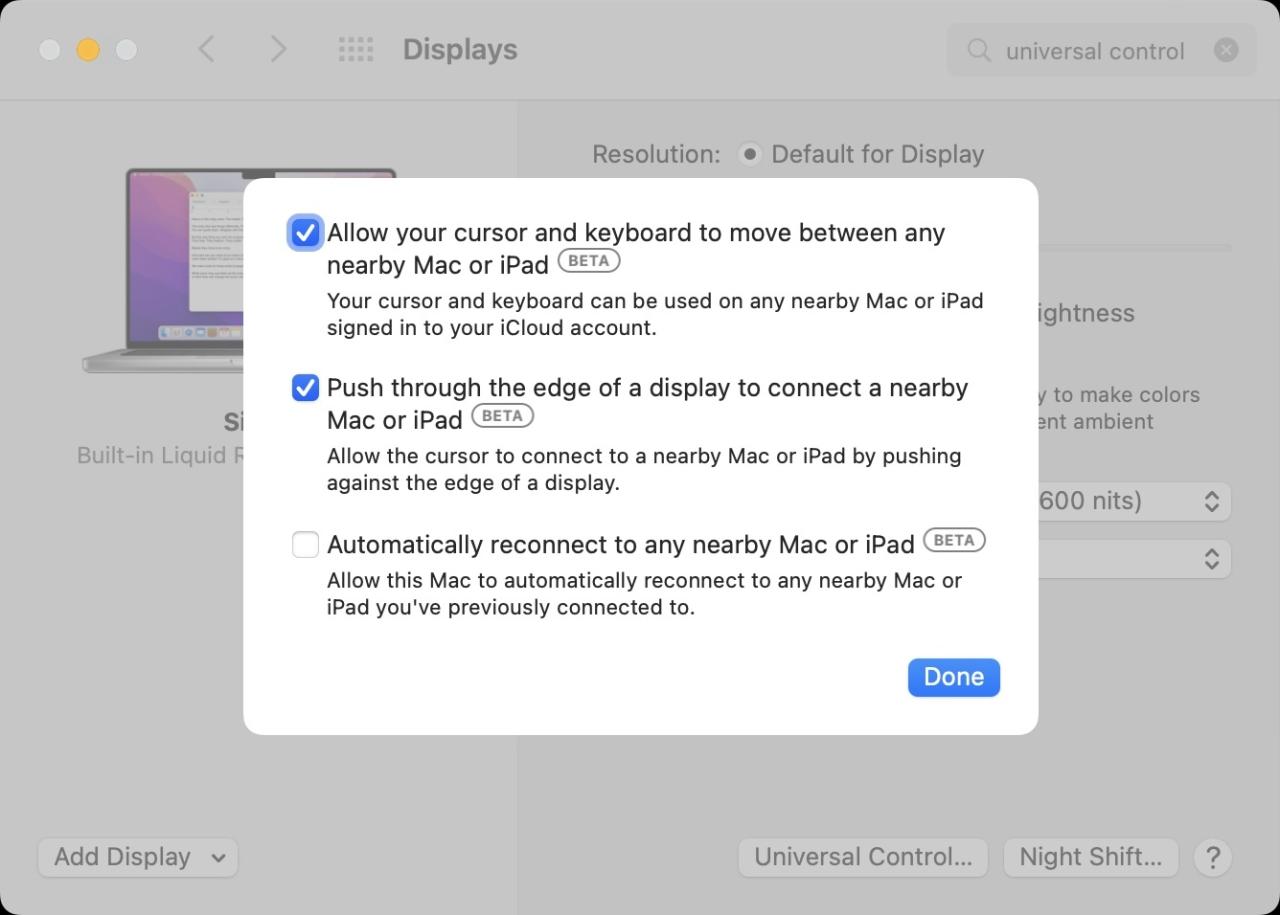 Una captura de pantalla de Mac que muestra la configuración de Control universal en Preferencias del sistema en macOS Monterey 12.3 beta 3