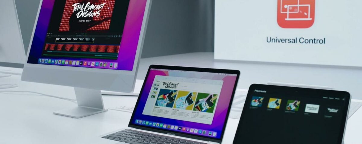 Imagen de marketing de Apple que muestra un iMac, un MacBook Pro y un iPad uno al lado del otro en un escritorio de trabajo, controlados de forma inalámbrica con la función Universal Control