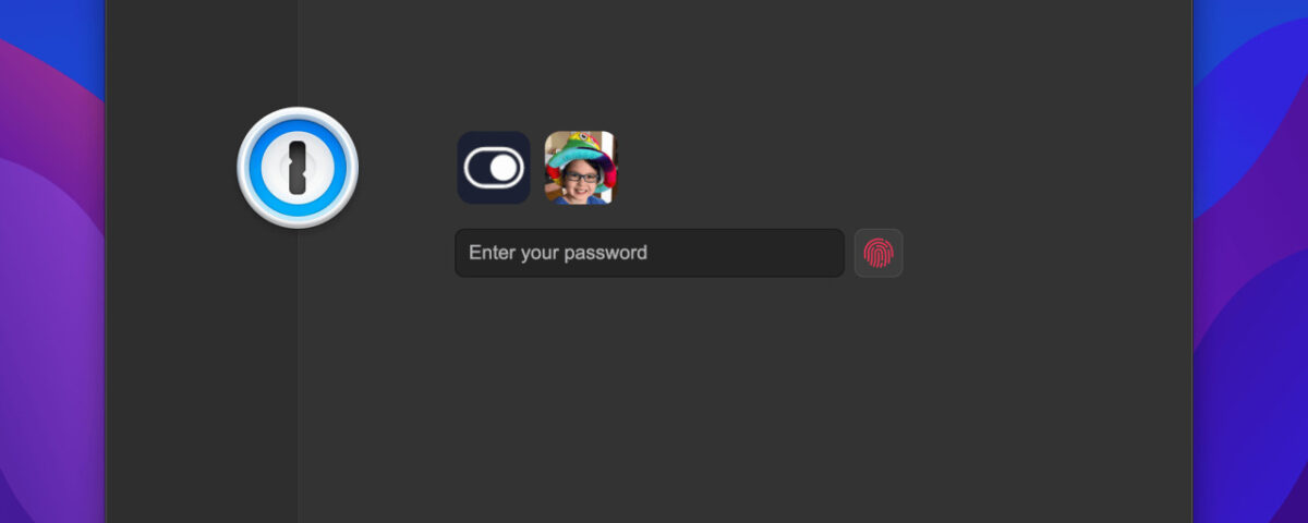 Una captura de pantalla de Mac que muestra la pantalla de bloqueo rediseñada en 1Password 8 para Mac en modo oscuro
