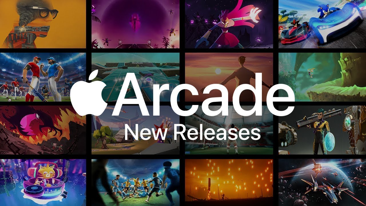 Un cartel con un collage de capturas de pantalla de juegos y el lema "Nuevos lanzamientos de Apple Arcade" en el centro