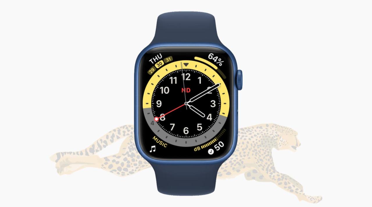 Apple Watch sobre un fondo claro con Cheetah tenue que muestra una velocidad rápida