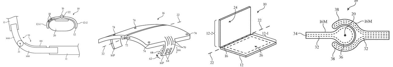 Dibujo de patente de iPhone plegable de Apple que muestra varias soluciones para hacer bisagras más fuertes