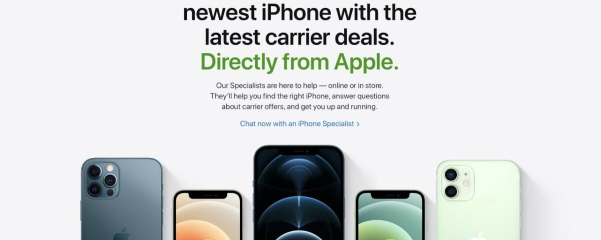 Captura de pantalla del sitio web de Apple que muestra la sección dedicada a ofertas de intercambio de iPhone y ofertas de operadores de EE. UU.