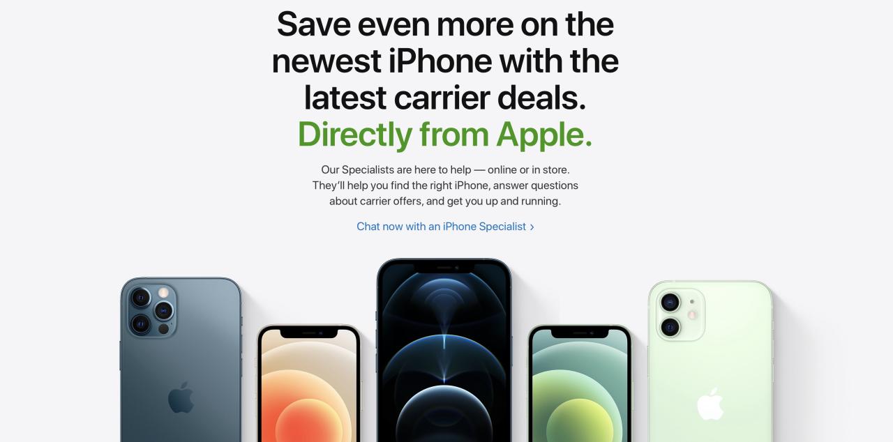 Captura de pantalla del sitio web de Apple que muestra la sección dedicada a ofertas de intercambio de iPhone y ofertas de operadores de EE. UU.