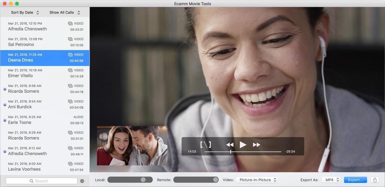 Una captura de pantalla de macOS que muestra la exportación de videos capturados en la aplicación Call Recorder