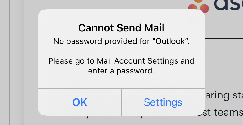 No se puede enviar correo Outlook iPad