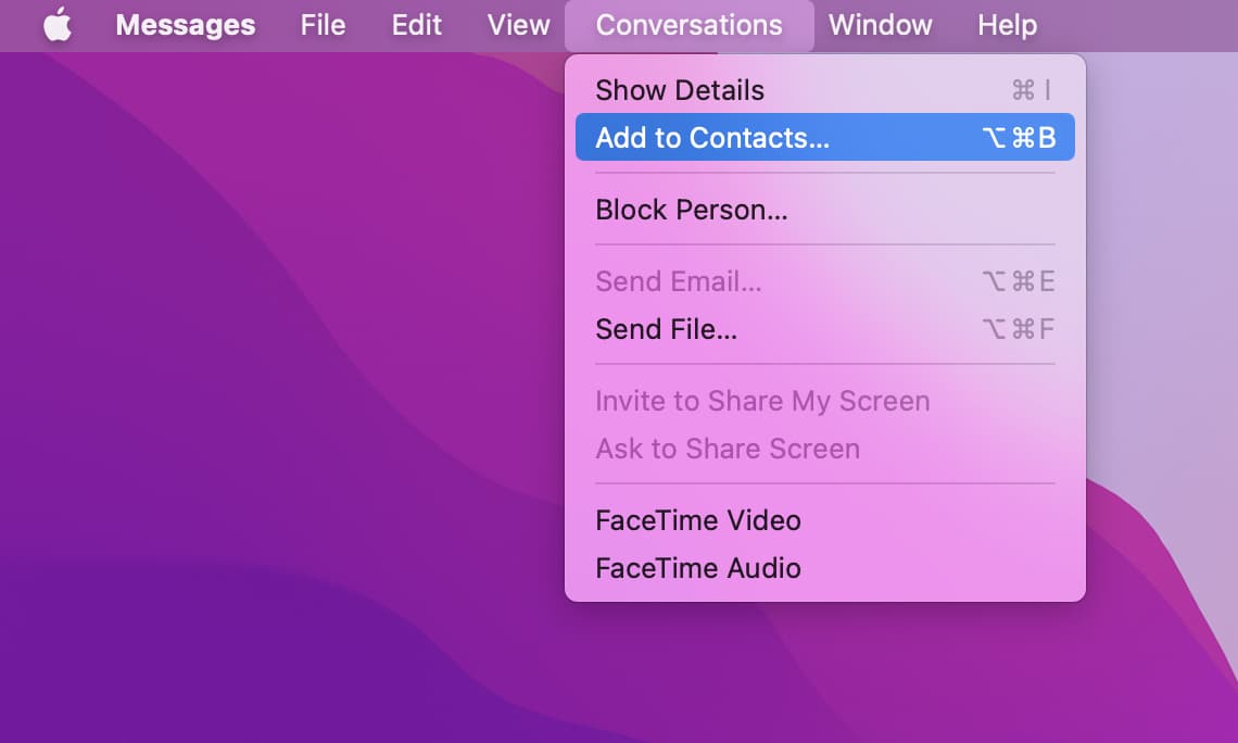 Conversaciones Agregar a Contactos en Mac