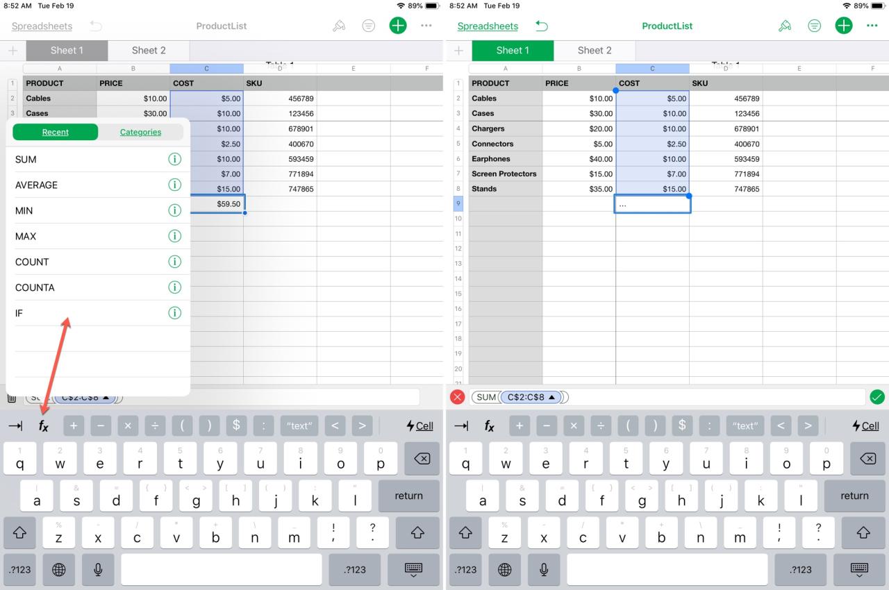 Editar fórmula en Numbers en iPad