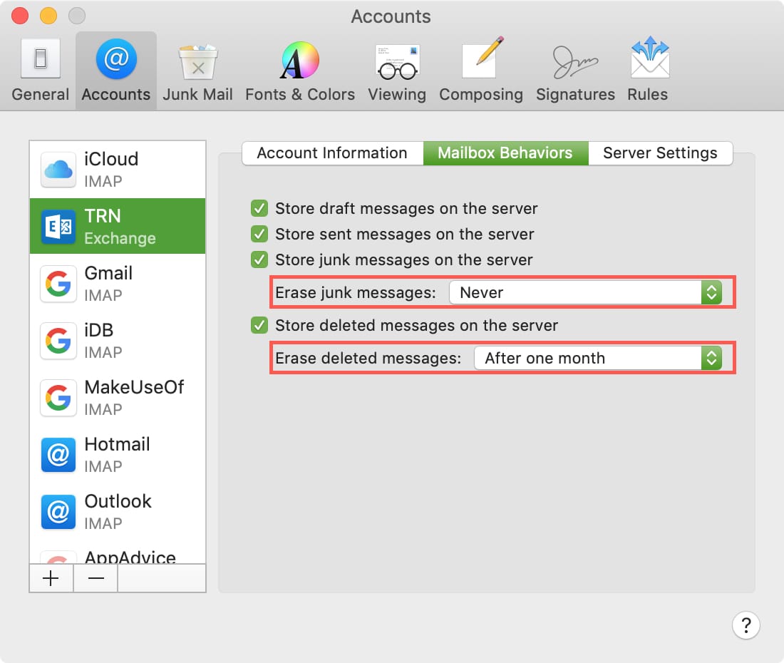 Cuenta de Exchange en Mensajes de borrado de correo de Mac