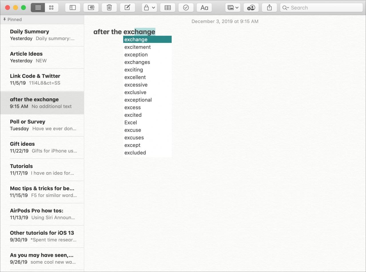 Atajo de lista de palabras F5 en Mac