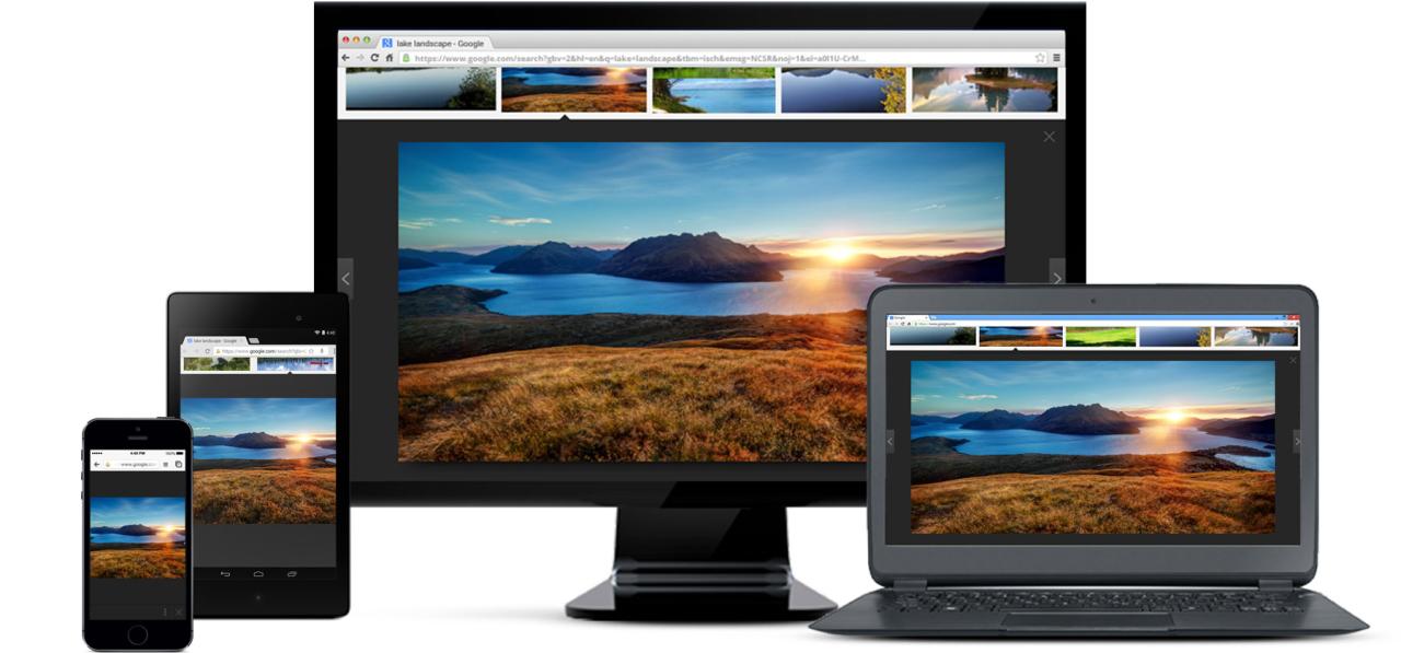 Una imagen promocional que muestra el navegador Chrome de Google ejecutándose en varios dispositivos de factor de forma