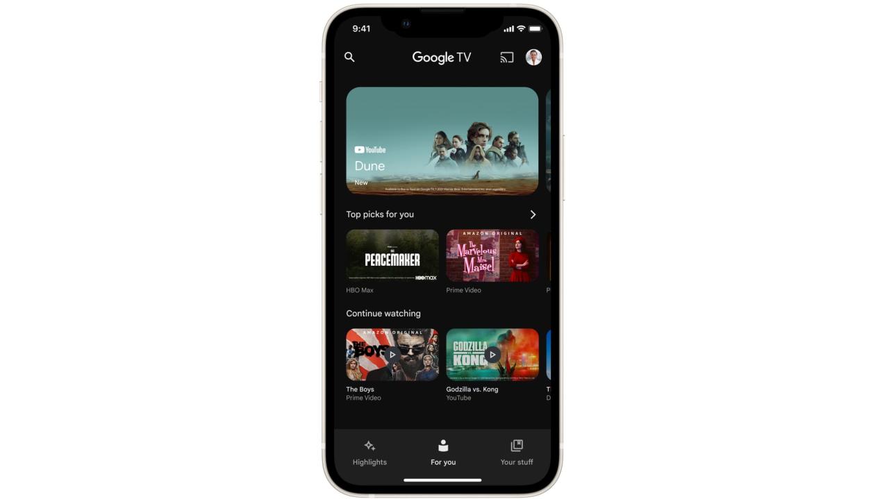 En esta imagen destacada, se muestra la aplicación Google TV ejecutándose en un iPhone.  Reemplaza la aplicación anterior "Google TV Shows and Movies"