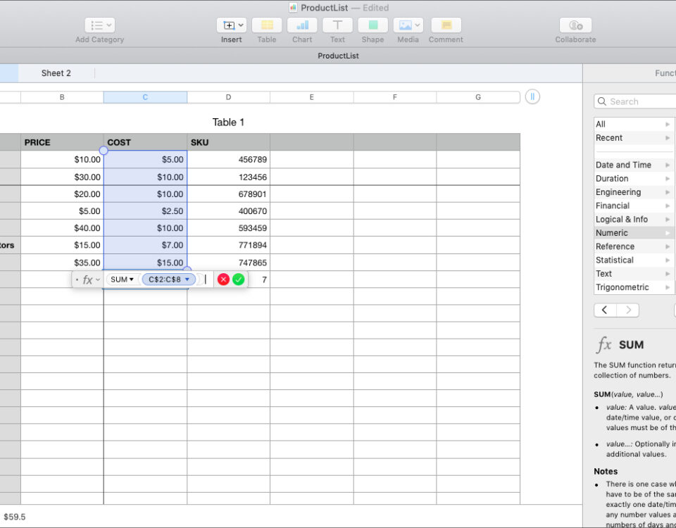 Insertar fórmula de suma en Numbers en Mac