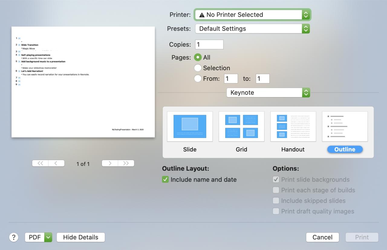 Diseño de esquema de impresión de Keynote Mac