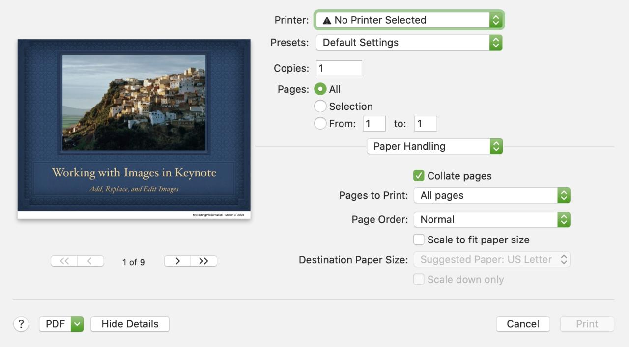 Manejo de papel de impresión Keynote Mac