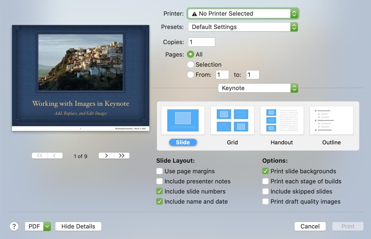Diseño de diapositiva de impresión de Keynote Mac