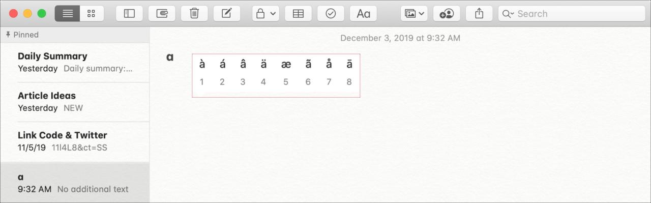 Acentos de letras en Notas en la Mac