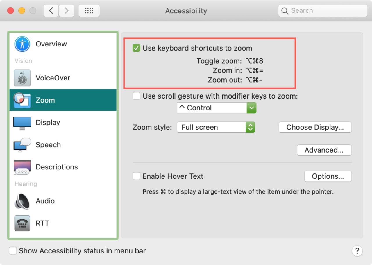 Mac Accessibility Zoom Shortcuts