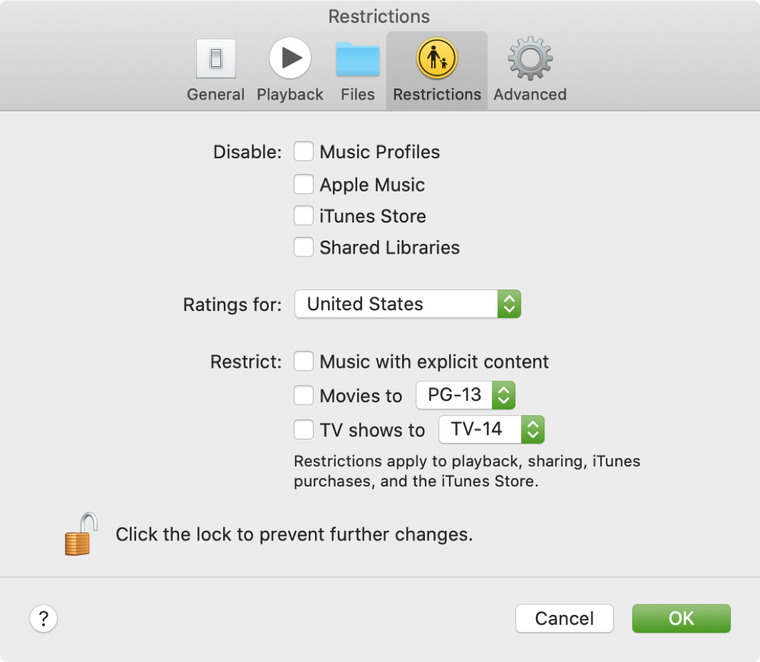 Restricciones de aplicaciones de música en Mac