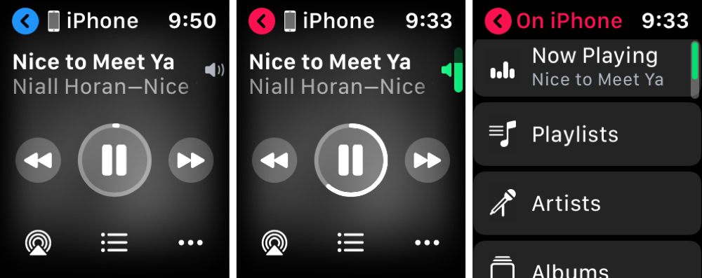 Ahora reproduciendo música de iPhone en Apple Watch