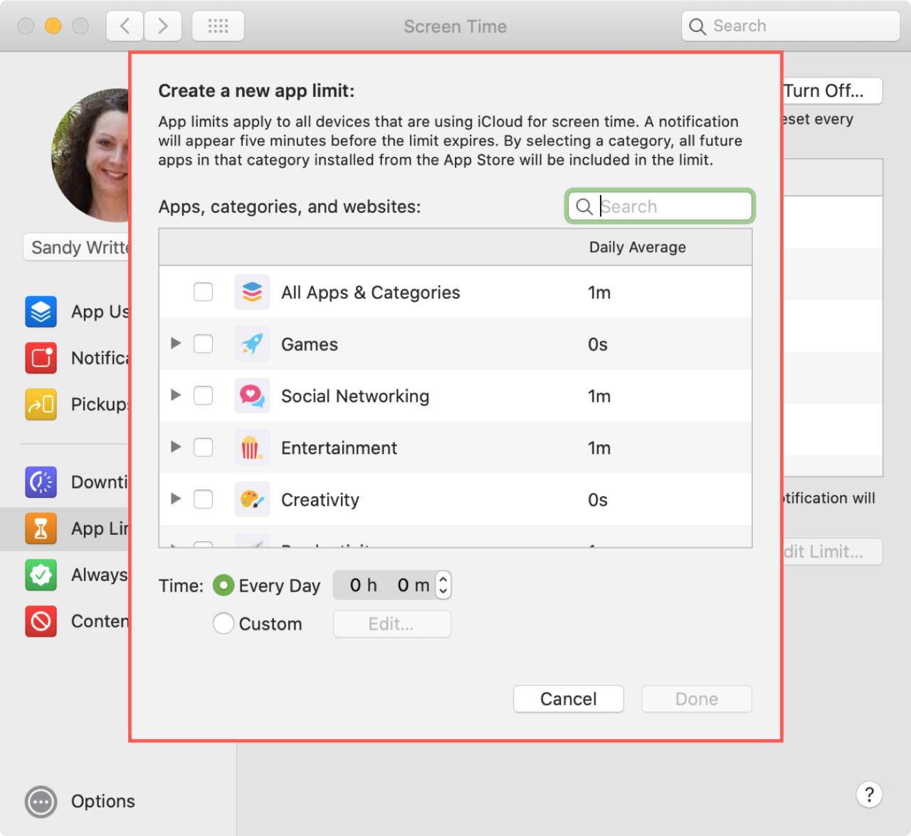 Límites de tiempo de pantalla de la aplicación en Mac
