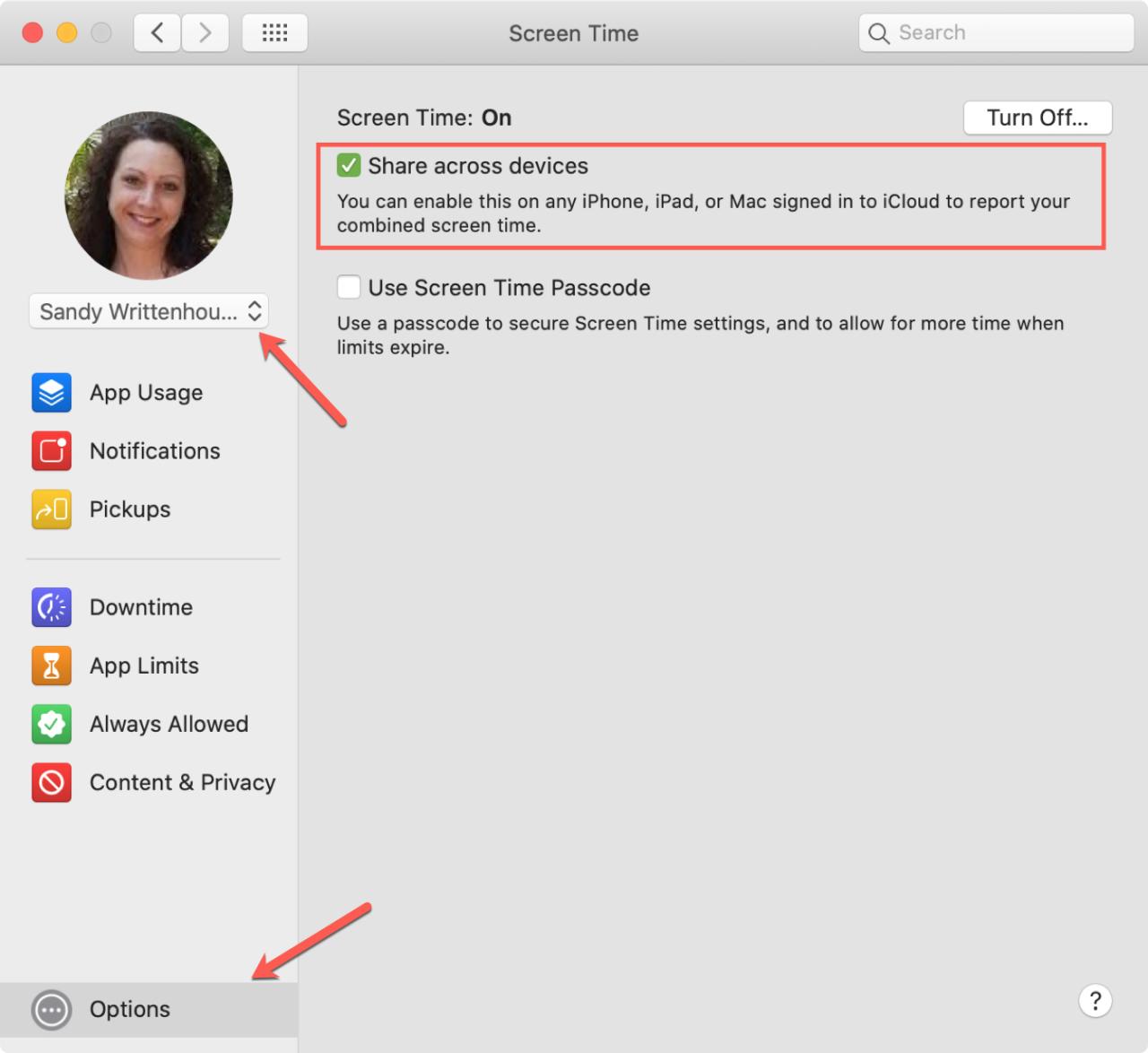 Opciones de tiempo de pantalla en Mac