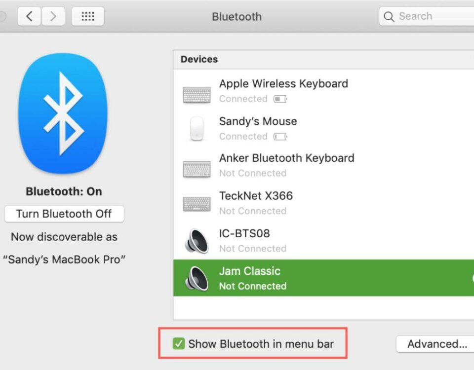 Mostrar Bluetooth en el cuadro de la barra de menú