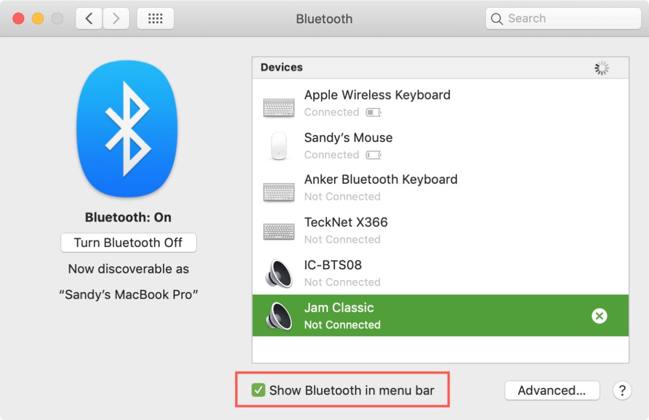 Mostrar Bluetooth en el cuadro de la barra de menú