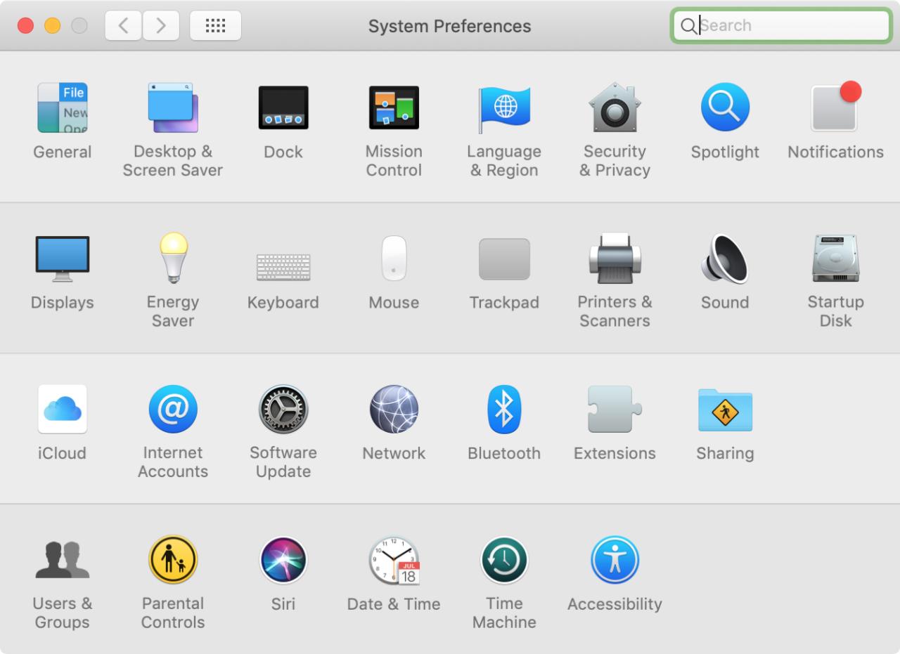 Categoría de preferencias del sistema en Mac