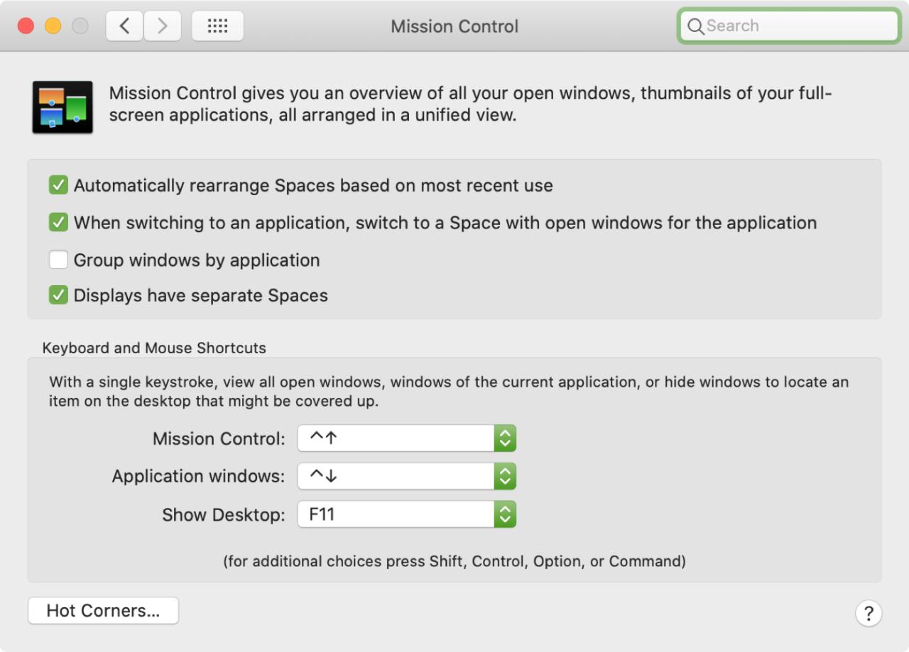 Preferencias del sistema Configuración de Mission Control Mac