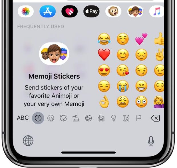 Teclado emoji de iPhone con la sección de adhesivos Memoji a la vista