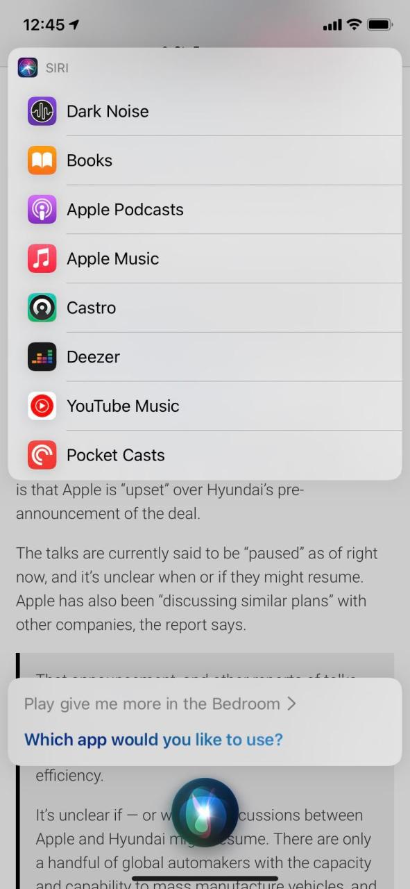 Una captura de pantalla de la interfaz de Siri en iOS 17.5 que le pide al usuario que elija la aplicación predeterminada para la transmisión de música