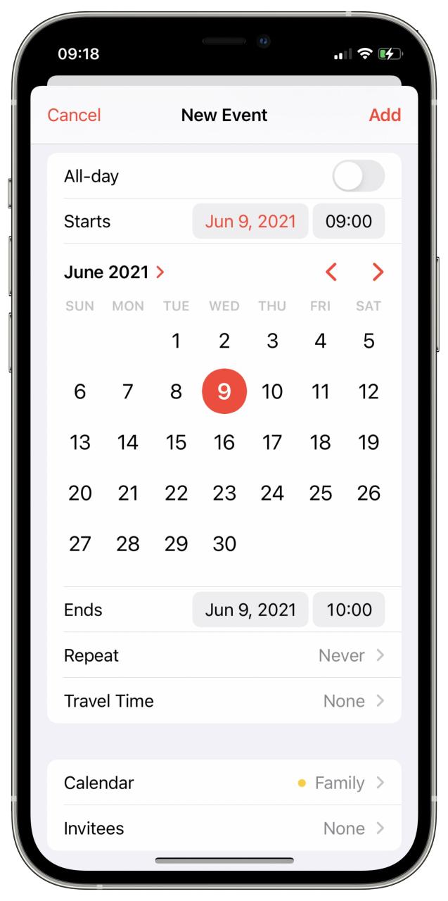 Captura de pantalla de iPhone que muestra el selector de fecha para Apple Calendar en iOS 17